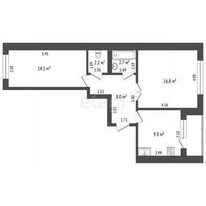 2-к квартира, вторичка, 55м2, 3/3 этаж