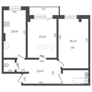 2-к квартира, вторичка, 58м2, 1/9 этаж