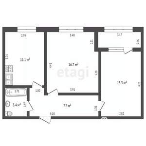 2-к квартира, вторичка, 52м2, 1/3 этаж