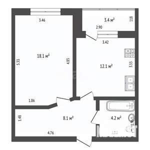 1-к квартира, вторичка, 43м2, 1/9 этаж