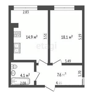 1-к квартира, вторичка, 45м2, 2/9 этаж