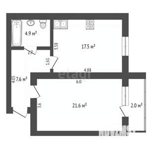 1-к квартира, вторичка, 52м2, 5/5 этаж