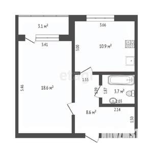 1-к квартира, сданный дом, 45м2, 2/3 этаж